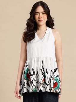 A&K - White Floral Print Halter Neck Peplum Tunic