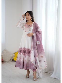 FAST FASHIONS - Onion Pink Organza Silk Floral Print Anarkali Kurta and Pant with Dupatta