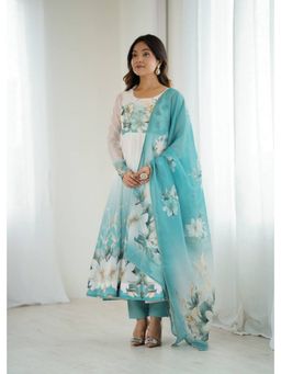 FAST FASHIONS - Teal Organza Silk Floral Print Anarkali Kurta and Pant with Dupatta
