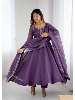 FAST FASHIONS - Purple Crepe Embroidered Anarkali Kurta and Pant with Dupatta