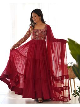 FAST FASHIONS - Red Georgette Floral Embroidered Anarkali Kurta and Pant with Dupatta