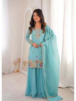FAST FASHIONS - Teal Crepe Paisley Kurta and Palazzo with Dupatta