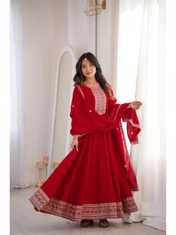 FAST FASHIONS - Red Silk Blend Embroidered Anarkali Kurta and Pant with Dupatta