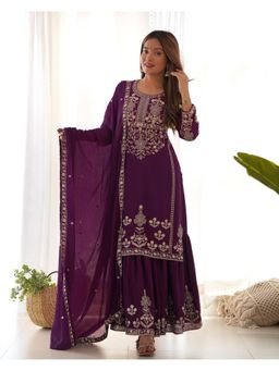 FAST FASHIONS - Purple Chinon Embroidered Kurta and Palazzo with Dupatta