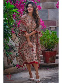 NAVYAS FASHION - Bagru Block Printed Cotton Cream Kaftan Dress