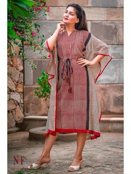 NAVYAS FASHION - Bagru Printed Cotton Red Kaftan Dress