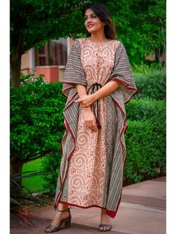NAVYAS FASHION - Bagru Block Print Cotton Kaftan Beige Dress