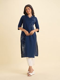 VISMAY - Blue Cotton Viscose Slub Plain Slitted With Embroidery And Sequins Work Kurti