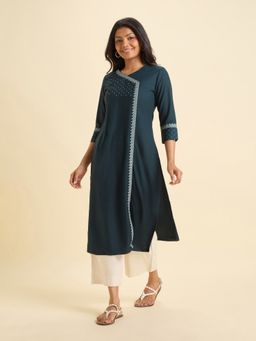 VISMAY - Teal Green Colour Viscose Plain Slitted with Embroidery Kurti