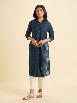 VISMAY - Teal Viscose Plain Slitted With Embroidery Kurti