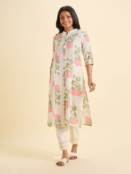 VISMAY - White Multi Colour Cotton Flax Printed Princess Cut Kurti