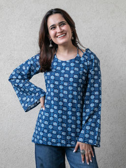 ORDINAREE - Blue Cotton Halter Neck Full Sleeves Printed Top