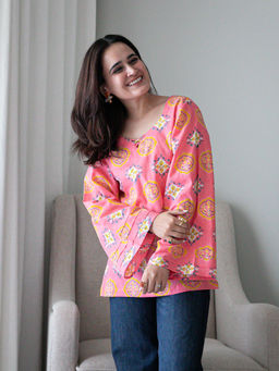 ORDINAREE - Pink Cotton Sweetheart Full Sleeves Printed Top