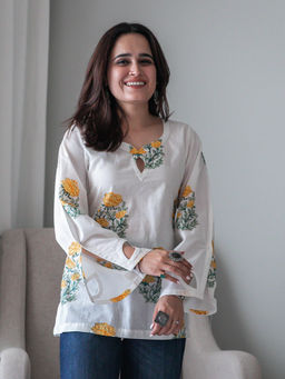 ORDINAREE - White Cotton Keyhole Neck Full Sleeves Printed Top