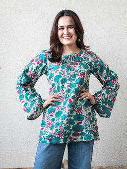 ORDINAREE - Green Cotton Keyhole Neck Full Sleeves Printed Top