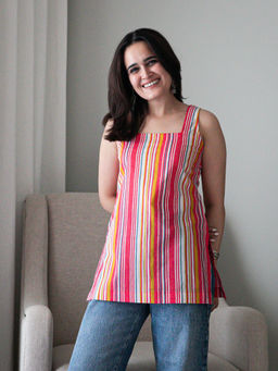 ORDINAREE - Multi-Color Cotton Square Neck Sleeveless Stripes Top