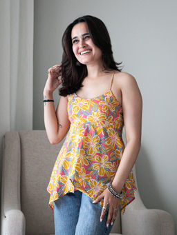 ORDINAREE - Yellow Cotton Shoulder Straps Sleeveless Printed Top