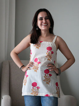 ORDINAREE - White Cotton Shoulder Straps Sleeveless Floral Top