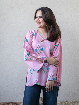 ORDINAREE - Pink Cotton Keyhole Neck Full Sleeves Floral Top