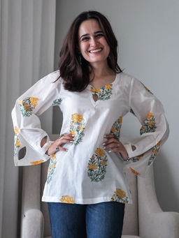 ORDINAREE - White Cotton Keyhole Neck Full Sleeves Floral Top