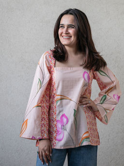 ORDINAREE - Pink Cotton Square Neck Full Sleeves Floral Top