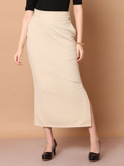 Exude - Beige Statement Piece Long Black Side Slit Midi Skirt