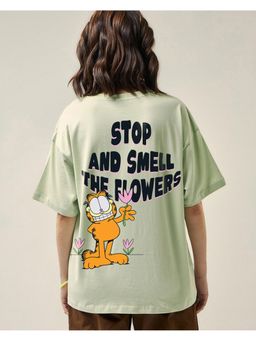 Bewakoof - Women's Fog Green Garfields Flowers Graphic Printed Oversized T-shirt