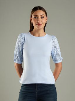 Tommy Hilfiger - Blue Cut-Work Slim-Fit Cotton Top