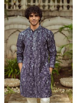 SHASAK - Men Navy Blue Cotton Thread Work Regular Fit Kurta