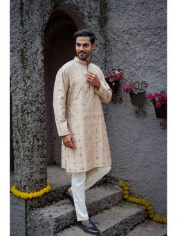 SHASAK - Men Beige Cotton Thread Work Regular Fit Kurta