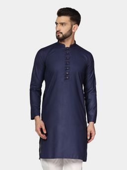 TAHVO - Men Navy Blue Cotton Plain Regular Fit Kurta