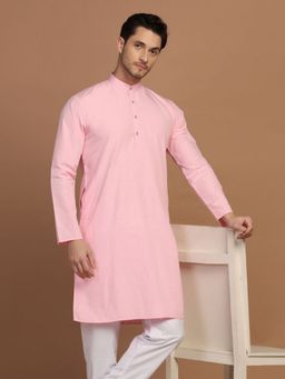TAHVO - Men Pink Cotton Blend Plain Regular Fit Kurta