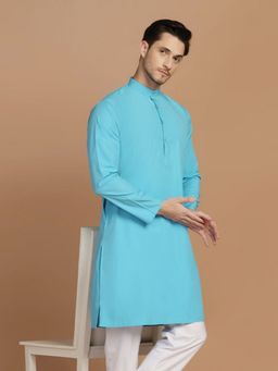TAHVO - Men Blue Cotton Blend Plain Regular Fit Kurta