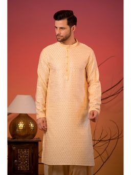 Rangkathaa - Men Yellow Cotton Blend Thread Work Regular Fit Kurta