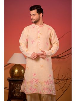 Rangkathaa - Men Off White Linen Thread Work Regular Fit Kurta