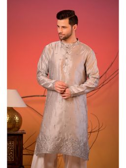 Rangkathaa - Men Grey Silk Mirror Work Regular Fit Kurta