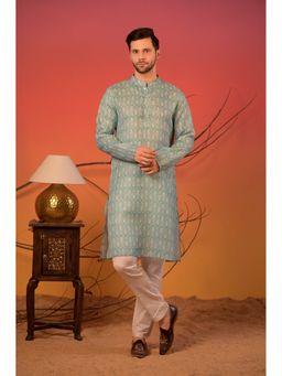 Rangkathaa - Men Blue Linen Zari Regular Fit Kurta