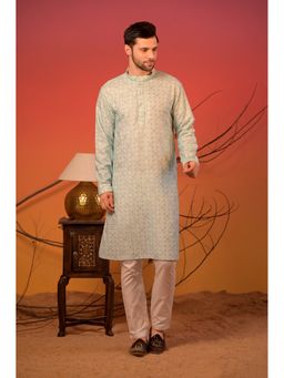 Rangkathaa - Men Green Cotton Thread Work Regular Fit Kurta