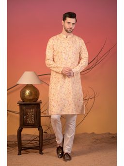 Rangkathaa - Men Yellow Cotton Thread Work Regular Fit Kurta