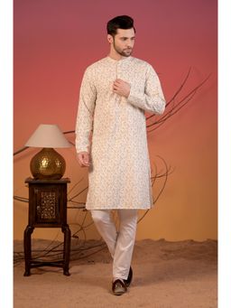 Rangkathaa - Men White Cotton Chikankari Regular Fit Kurta