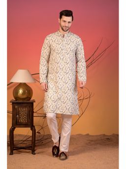Rangkathaa - Men Off White Cotton Printed Regular Fit Kurta