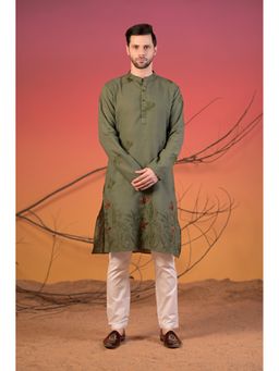 Rangkathaa - Men Olive Linen Thread Work Regular Fit Kurta
