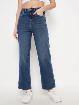 Madame - Whiskered Cotton Blend Mid Blue Denim Jeans