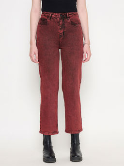 Madame - Cotton Blend Acid Wash Red Denim Jeans