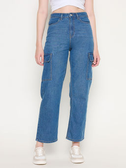 Madame - Cotton Straight Fit High Blue Denim Jeans