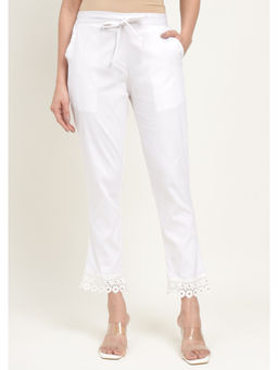 Zari Jaipur - White Cotton Viscose Pant with Lace