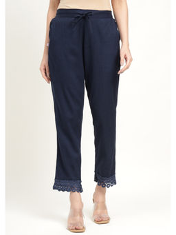 Zari Jaipur - Navy Blue Cotton Viscose Pant with Lace