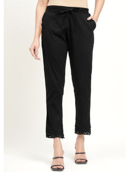 Zari Jaipur - Black Cotton Viscose Pant with Lace