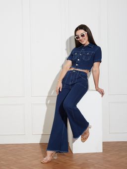 Miss Chase - Women's Navy Blue Bootcut High-Rise Stretchable Denim Co-Ord Set