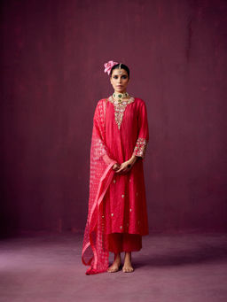 Pooja Singhal - Crush Silk Kurta With Palazzos & Bandhej Print Organza Dupatta (Set of 3)